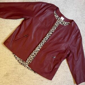 Chico’s deep red collarless faux leather jacket, size 2 (12-14)